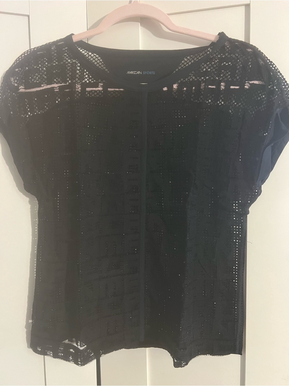 NWOT  Marccain Sport Black Lace Overlay Short Sleeve Top